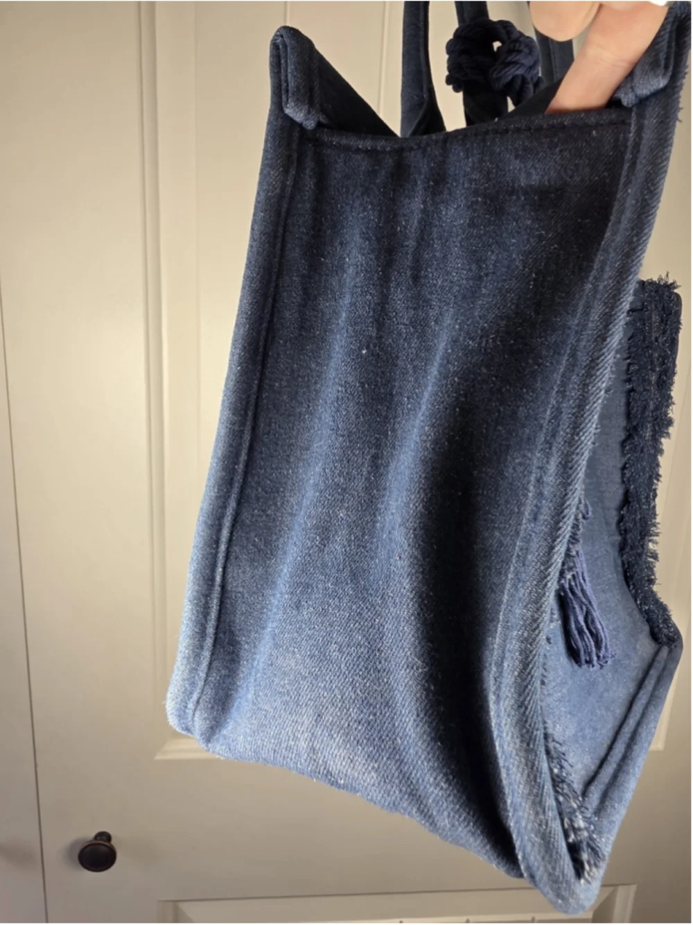 Vince Camuto Orla Denim Tote Bag Blue Fringe Tassel Large Boho Handbag